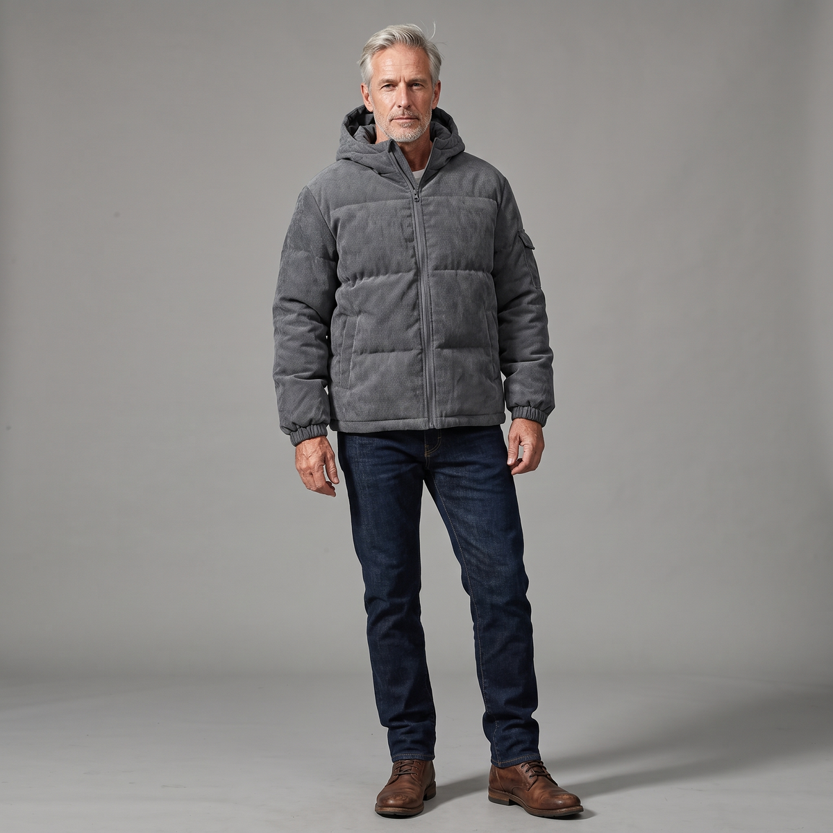 Men's corduroy hooded puffer jacket in gray, full-body standing shot