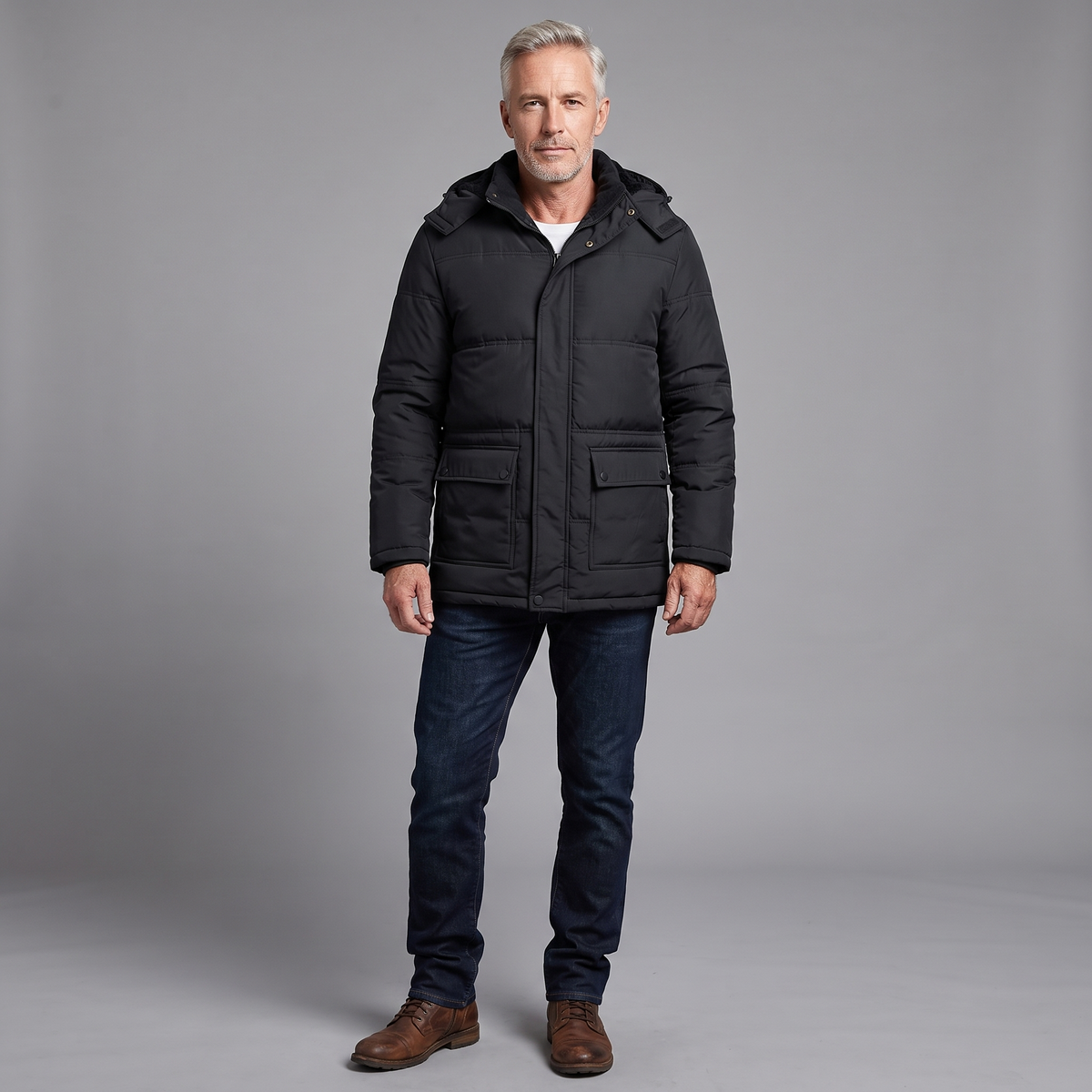Men's fleece-lined hooded winter jacket in black, full-body standing shot