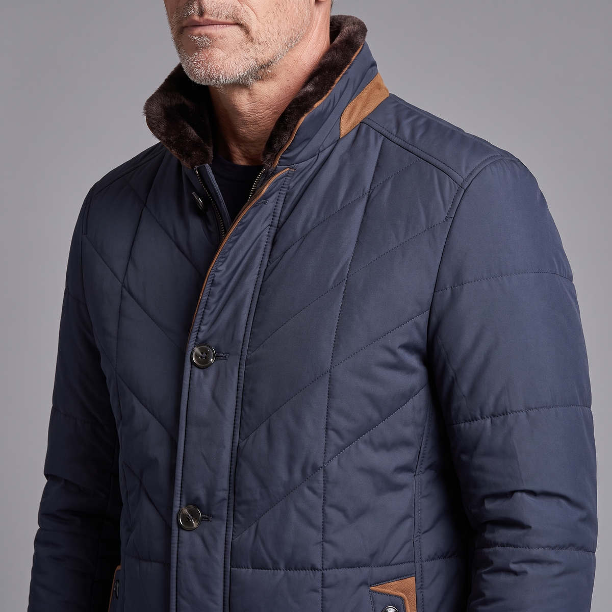 Men's quilted jacket, close-up of faux-fur collar, buttons and contrast trim