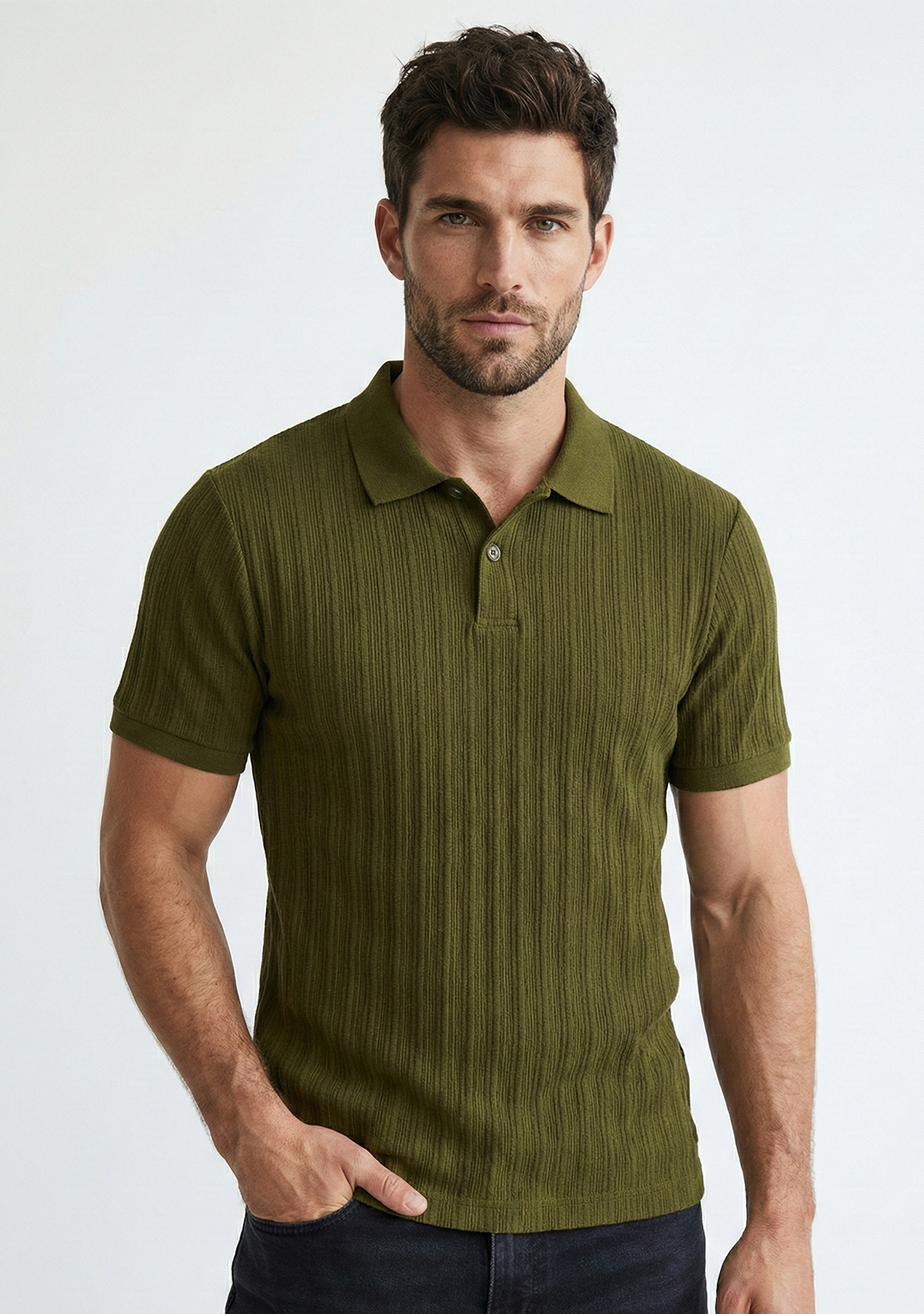 Men’s Ribbed Polo Sweatshirt Short Sleeve – Olive Green