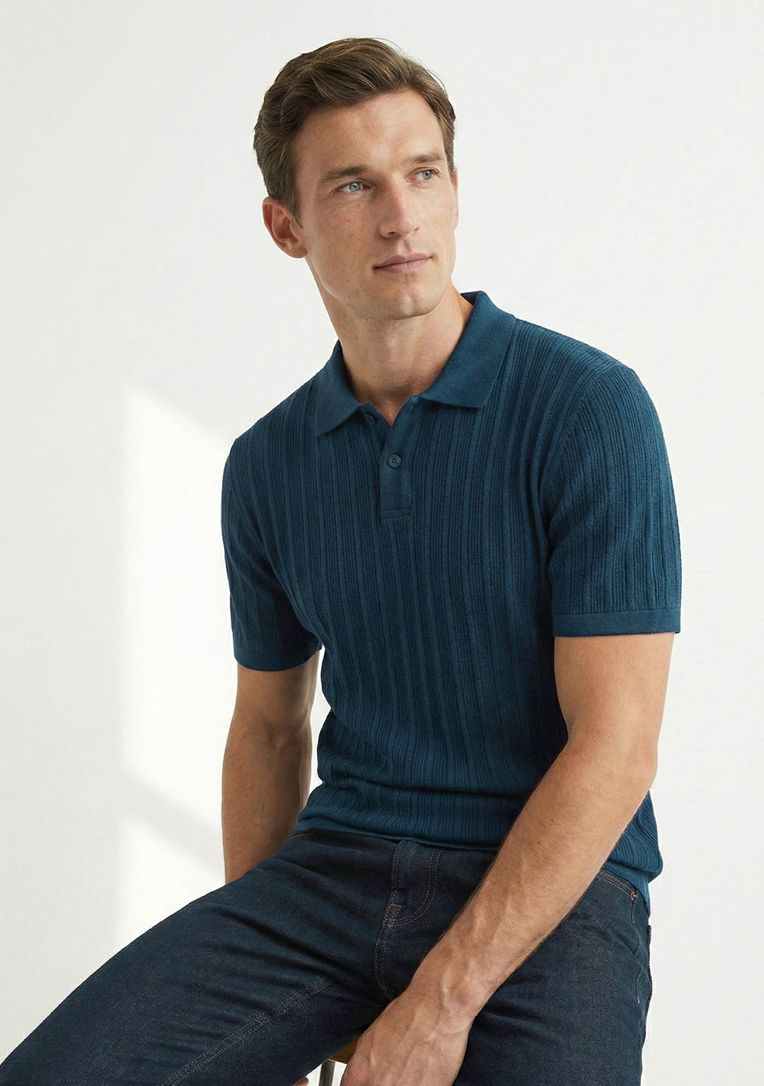 Men’s Ribbed Polo Sweatshirt Short Sleeve – Aqua Blue