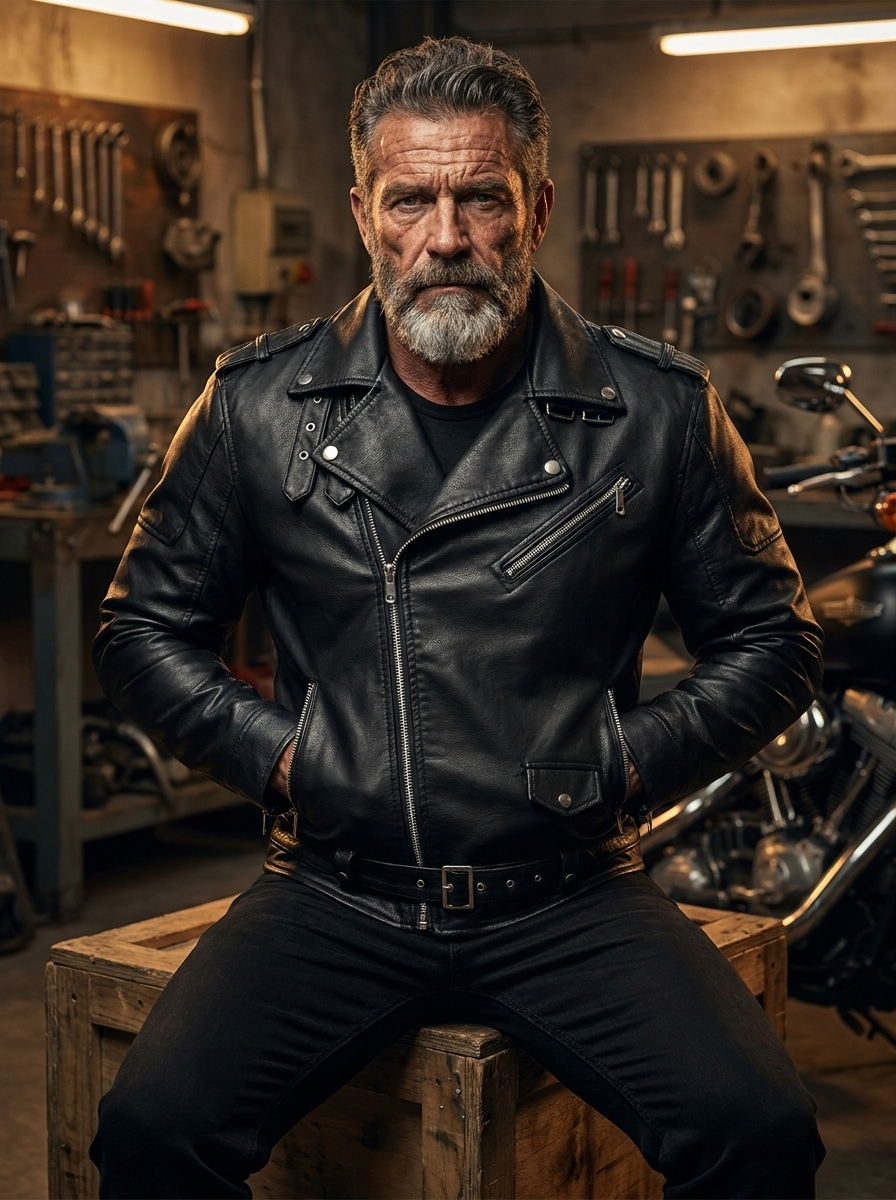 Black Leather Biker Jacket Slim Cut (Men)
