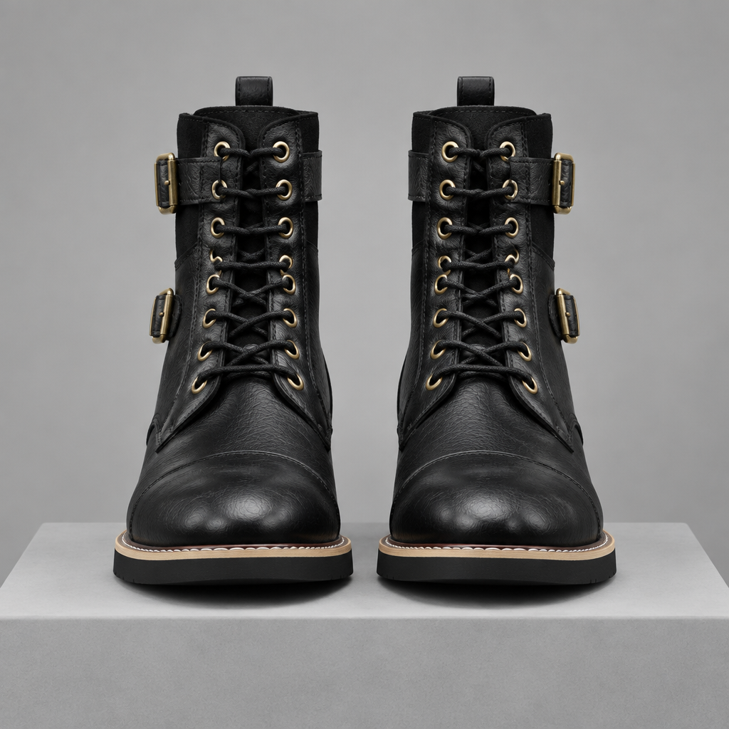 Men's Leather Buckle Combat Boots