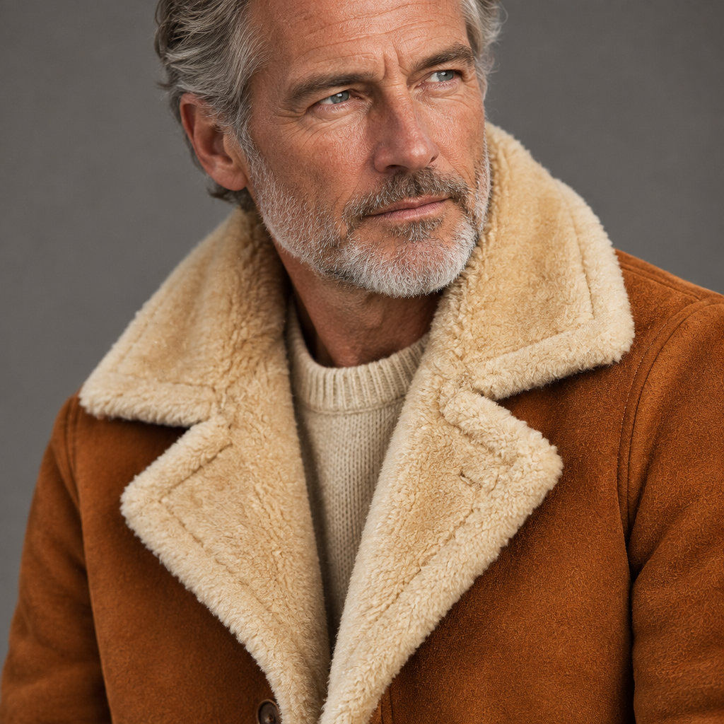 Men's suede shearling-lined jacket, close-up of suede and shearling texture, gray studio background