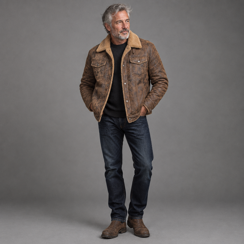 Men's vegan suede sherpa-lined jacket, full-body standing shot, gray studio background