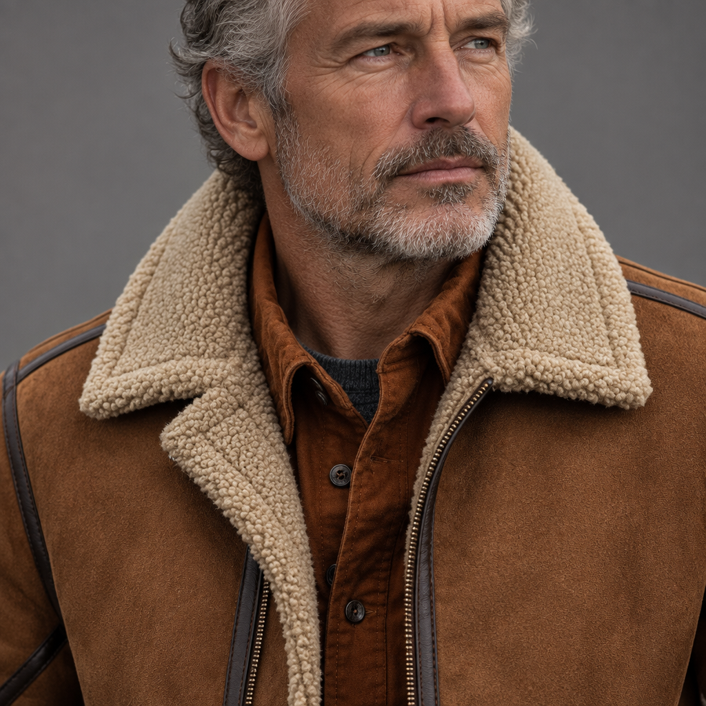 Men's sherpa-lined suede bomber jacket, close-up of suede and piping detail, gray studio background