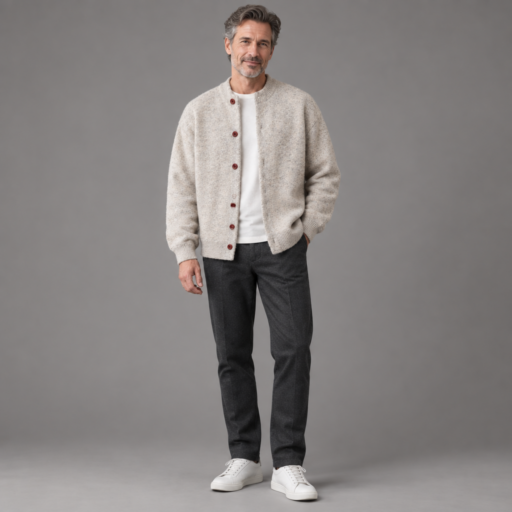 Men's knit relaxed cardigan, full-body standing shot