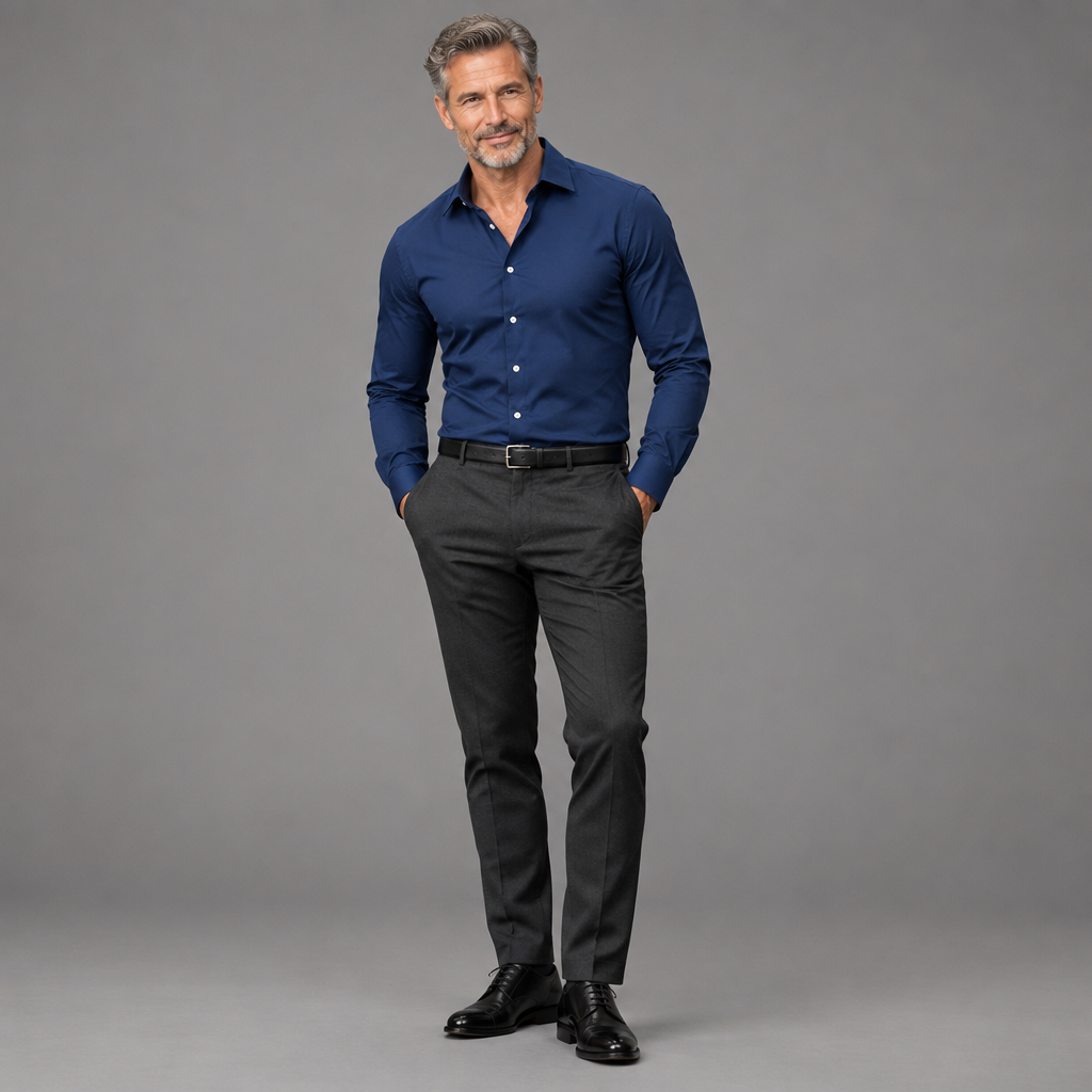 Men's slim fit woven shirt, full-body standing shot