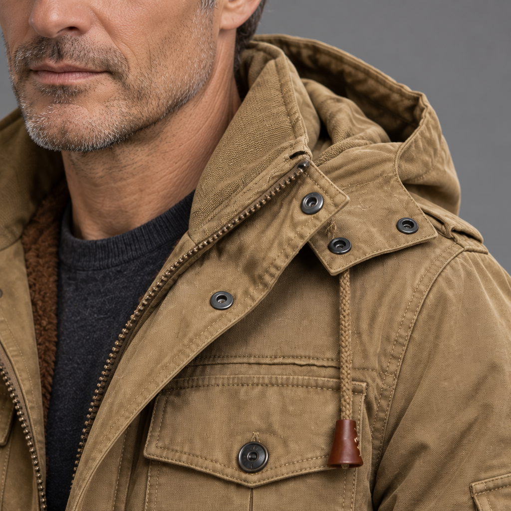 Men's woven utility jacket, close-up of detachable hood detail