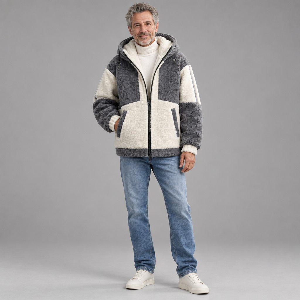 Men's fleece colorblock jacket, full-body standing shot