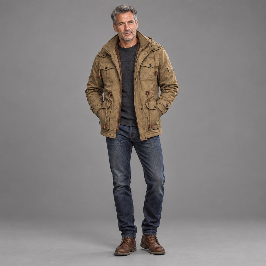 Men's woven utility jacket, full-body standing shot