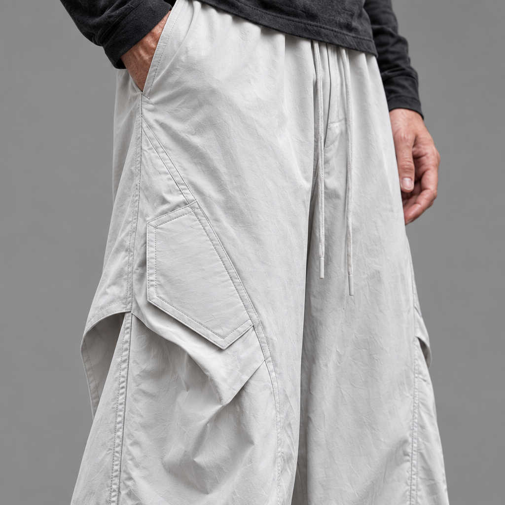 Men's woven wide-leg cargo pants, close-up of cargo pocket detail