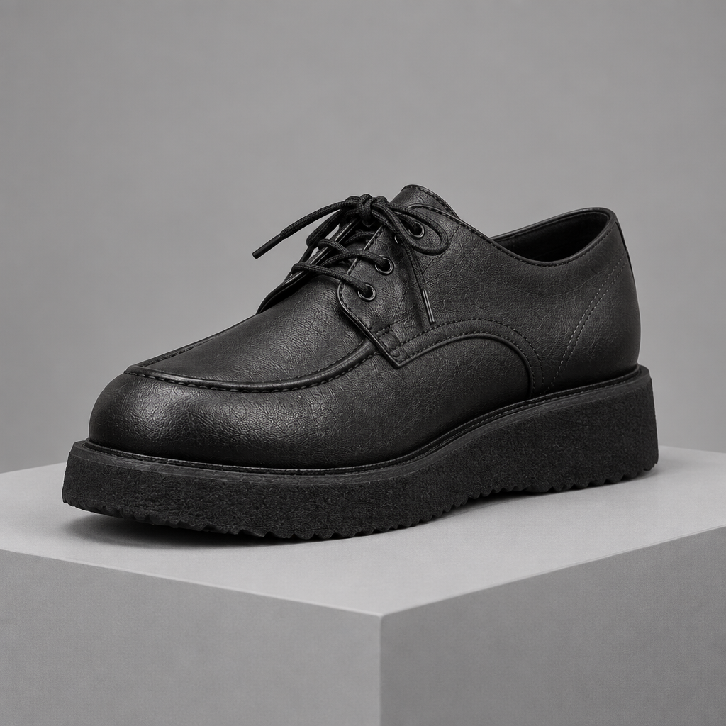 Men's faux leather platform derby shoes, 3/4 angle gray pedestal shot