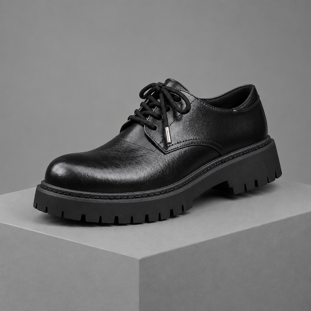 Men's faux leather lug-sole derby shoes, 3/4 angle gray pedestal shot