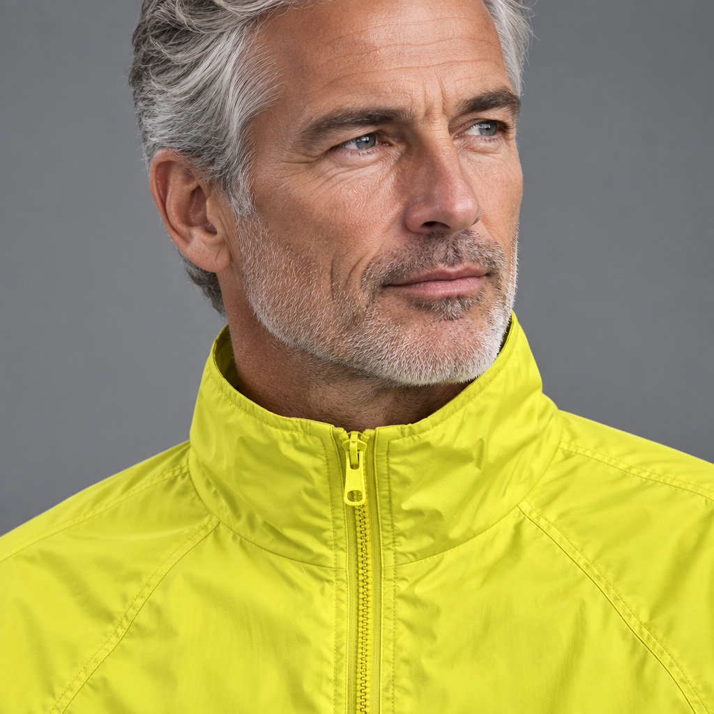 Men's stand-collar zip jacket, close-up of stand collar and zip-front detail