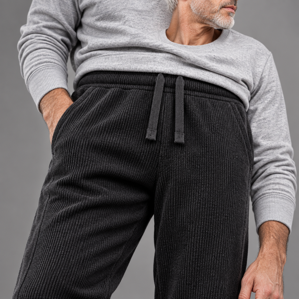 Men's ribbed jogger pants, close-up of ribbed texture and drawstring waist