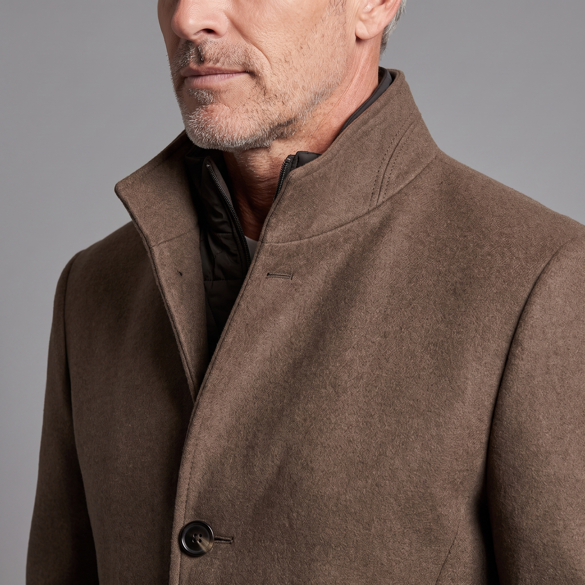 Men's wool overcoat, close-up of stand collar, quilted lining and wool texture