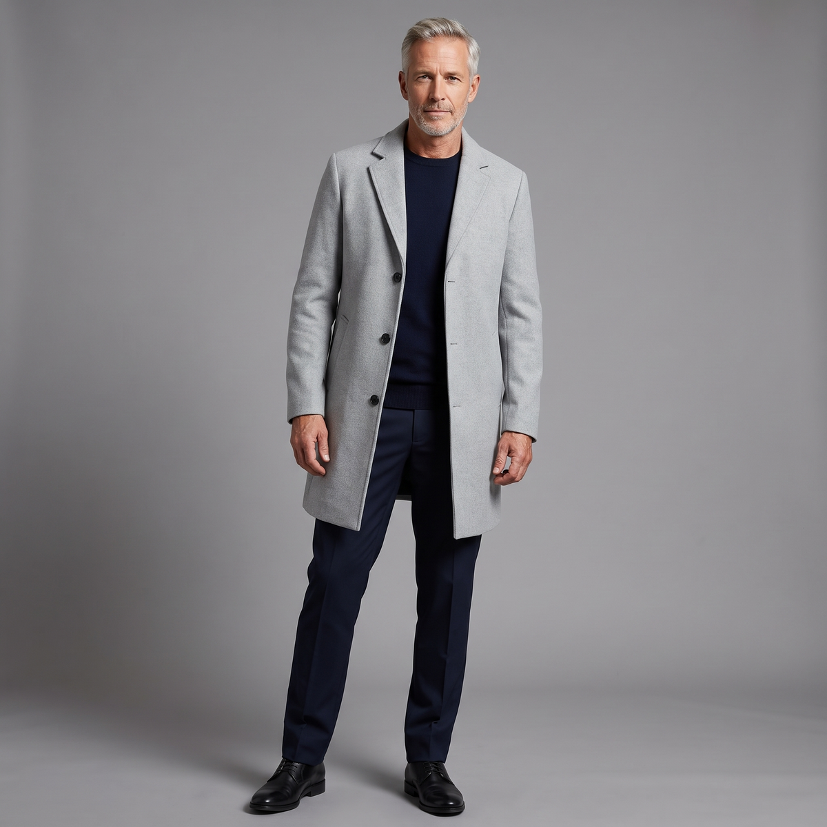 Men's wool-blend notch lapel overcoat in light gray, full-body standing shot