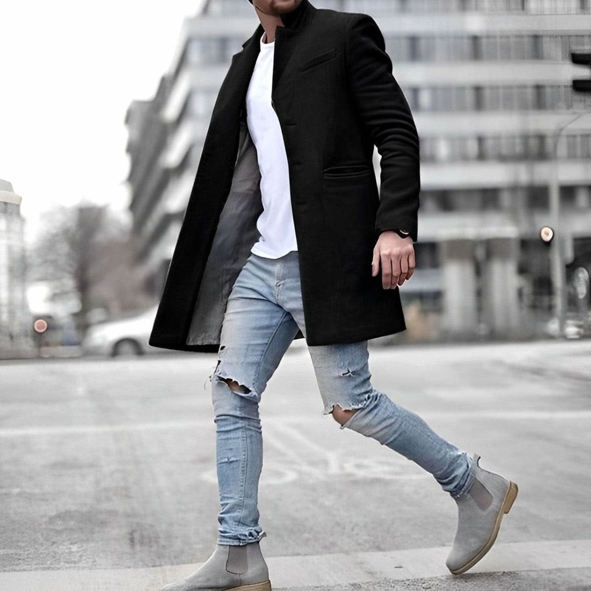 Men's slim-fit stand-collar wool overcoat, product view