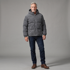 Men's corduroy hooded puffer jacket in gray, full-body standing shot