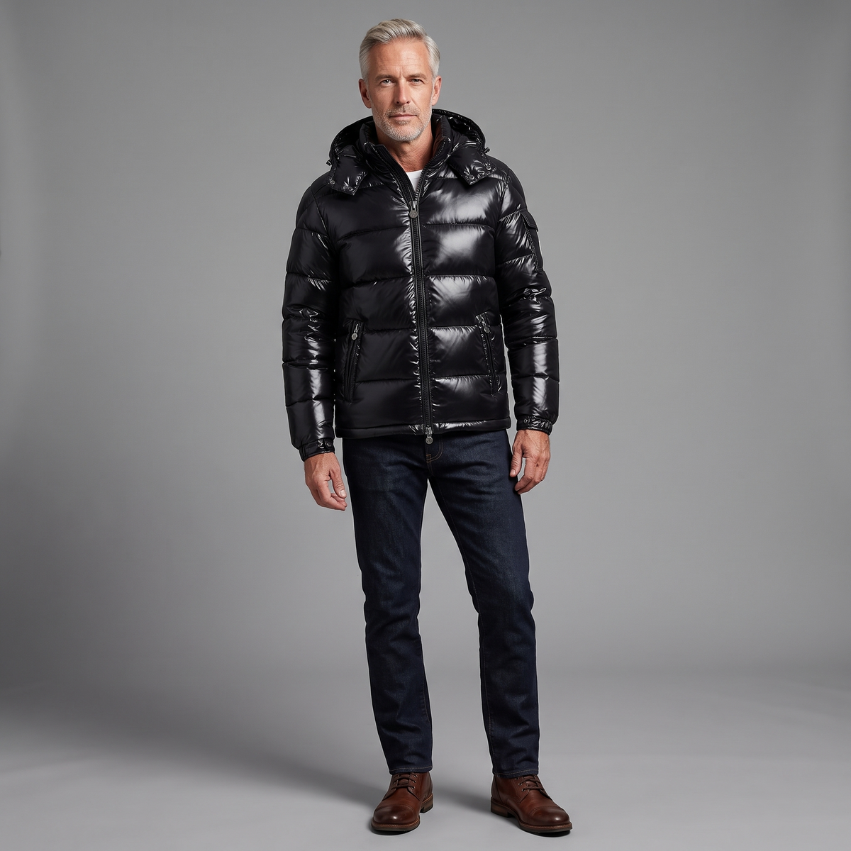 Men's glossy hooded puffer jacket in black, full-body standing shot