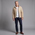 Men's lightweight stand-collar puffer jacket in khaki, full-body standing shot