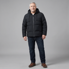 Men's big and tall hooded padded jacket in black, full-body standing shot