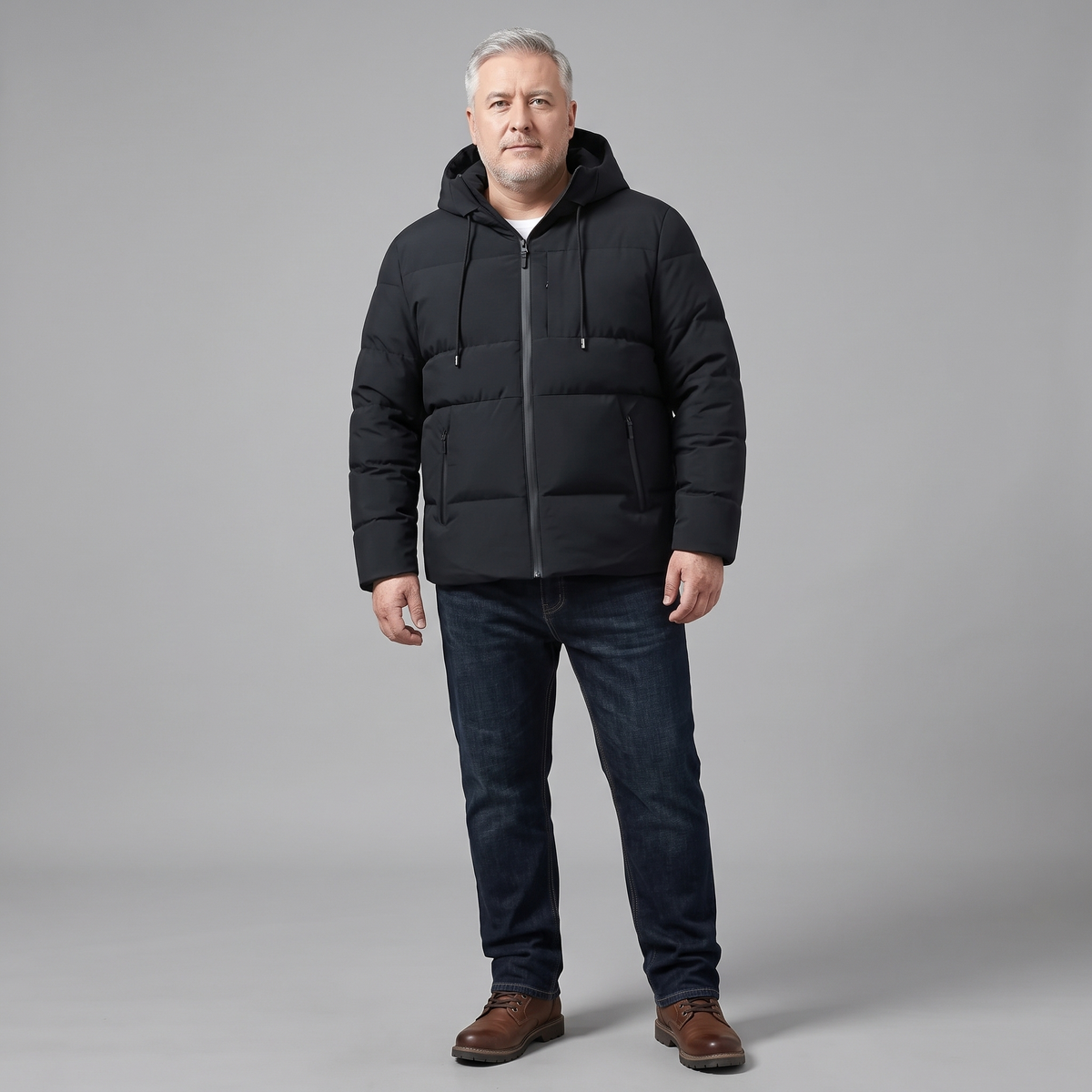 Men's big and tall hooded padded jacket in black, full-body standing shot