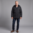 Men's fleece-lined hooded winter jacket in black, full-body standing shot