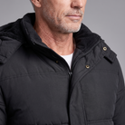 Men's fleece-lined winter jacket, close-up of fleece collar and snap-button placket