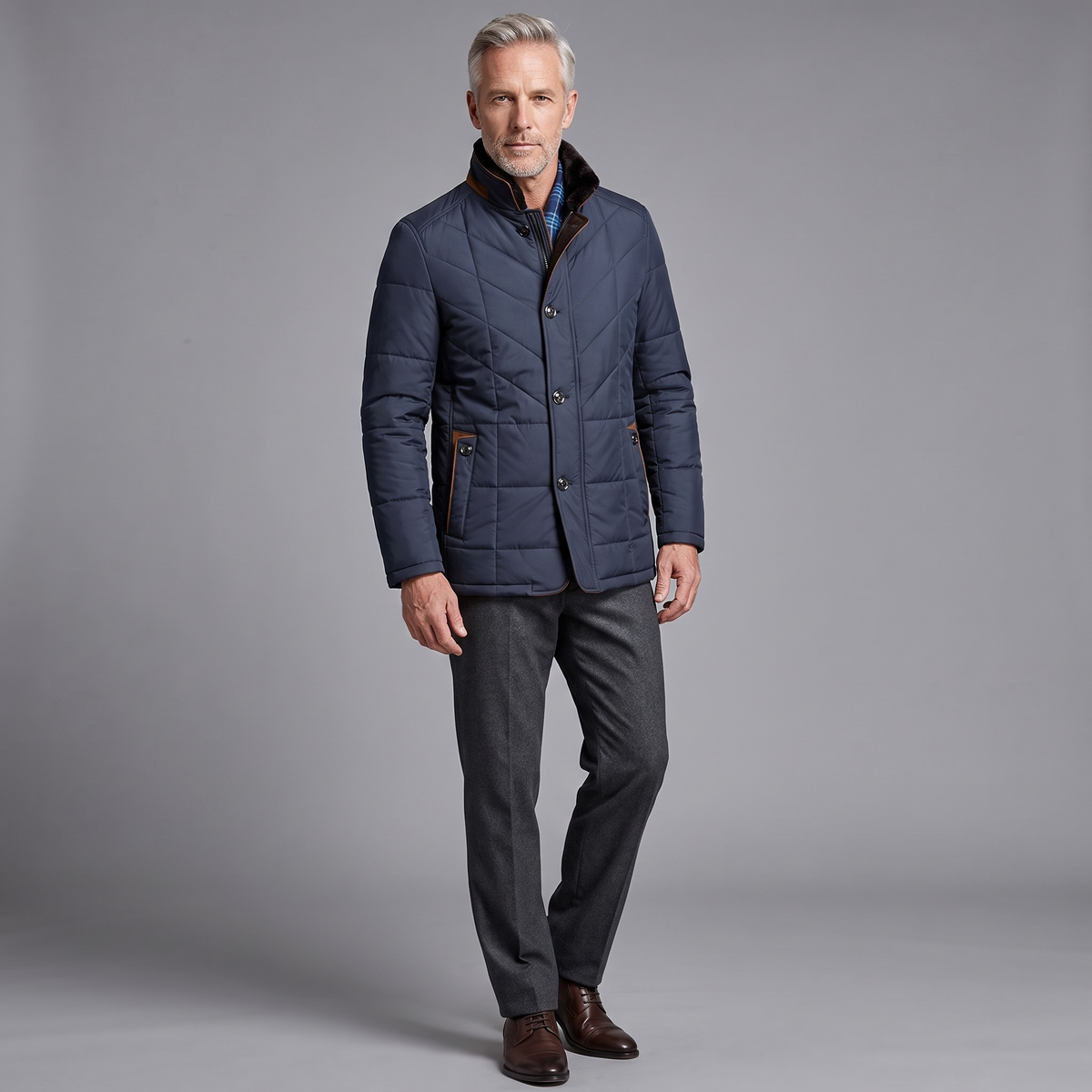Men's quilted faux-fur collar jacket in navy, full-body standing shot