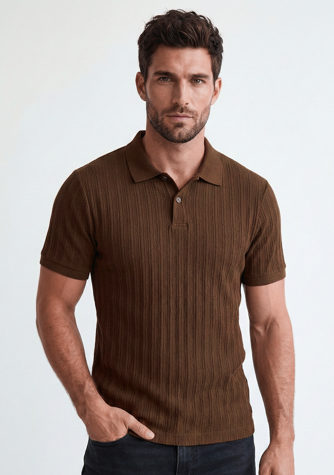 Men’s Ribbed Polo Sweatshirt Short Sleeve - Burgundy