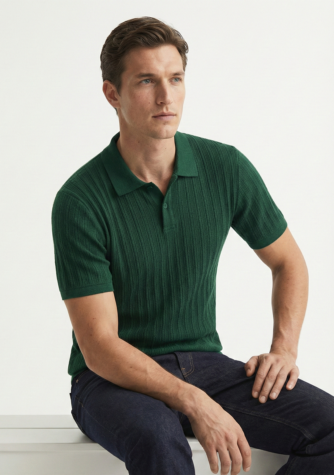 Men’s Ribbed Polo Sweatshirt Short Sleeve – Forest Green
