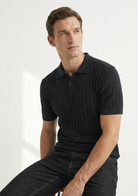Men’s Ribbed Polo Sweatshirt Short Sleeve – Black