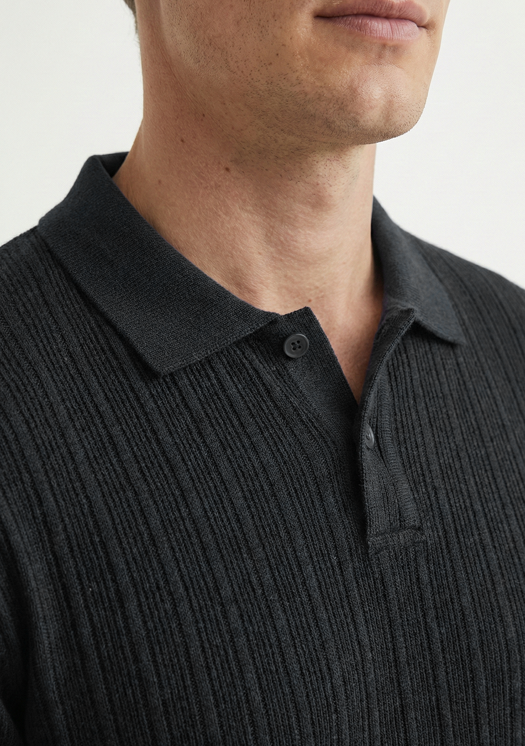 Men’s Ribbed Polo Sweatshirt Short Sleeve – Black
