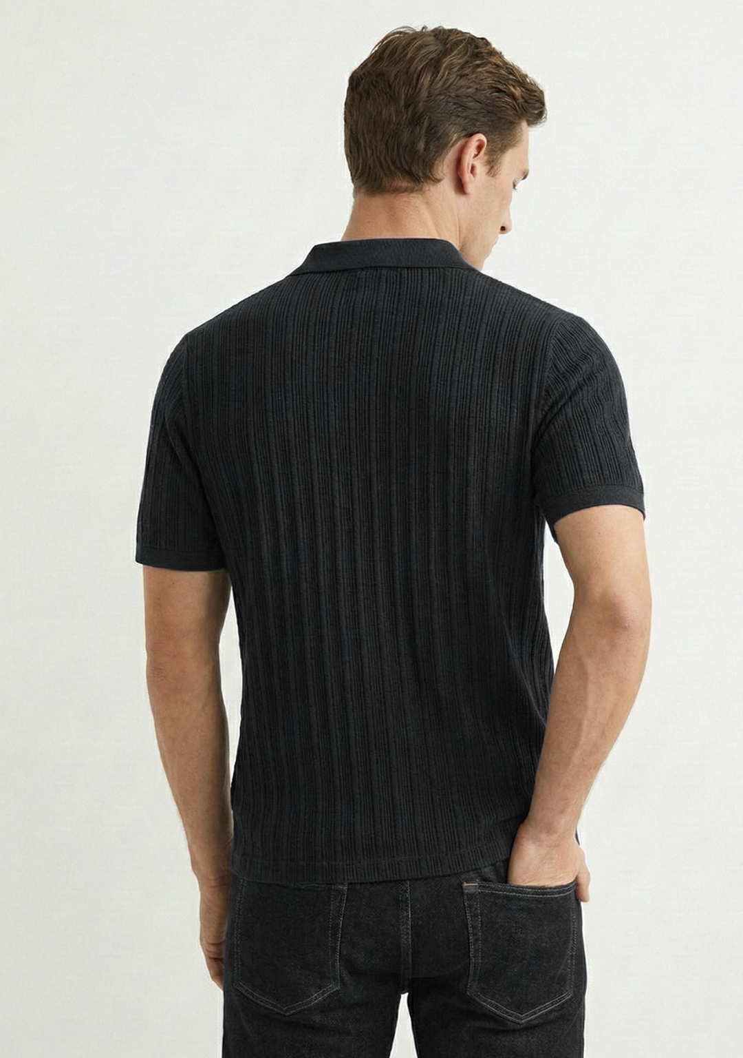 Men’s Ribbed Polo Sweatshirt Short Sleeve – Black