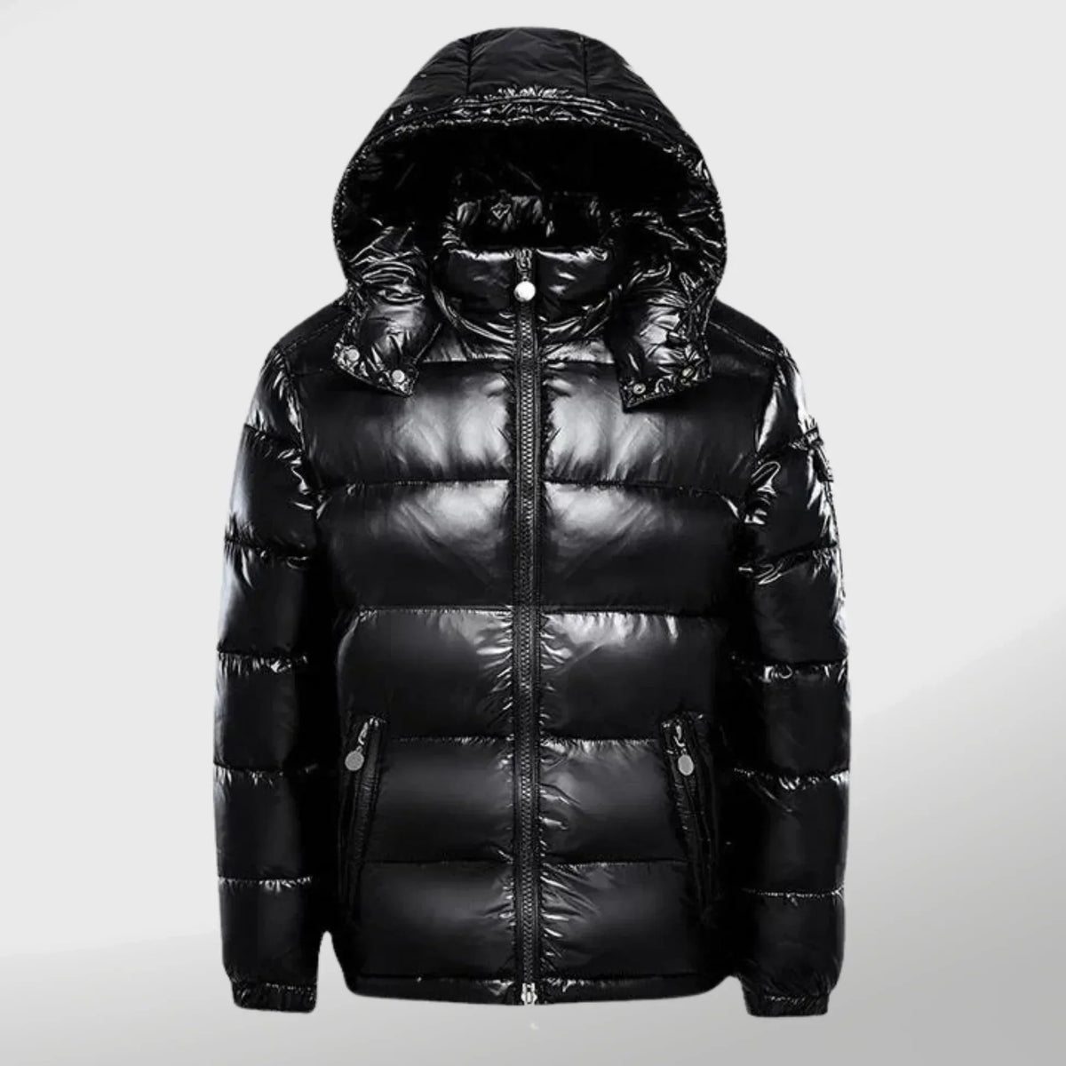 Men's glossy hooded puffer jacket, product view