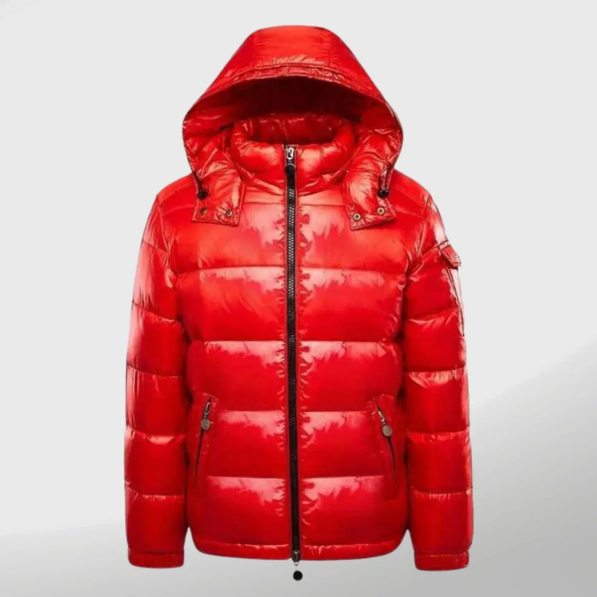 Men's glossy hooded puffer jacket, product view