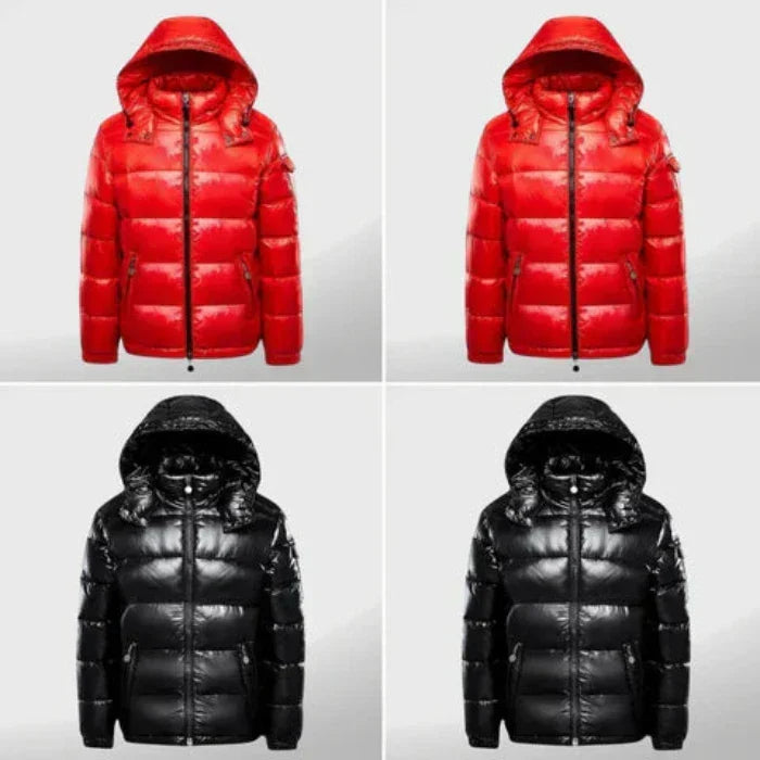 Men's glossy hooded puffer jacket, product view