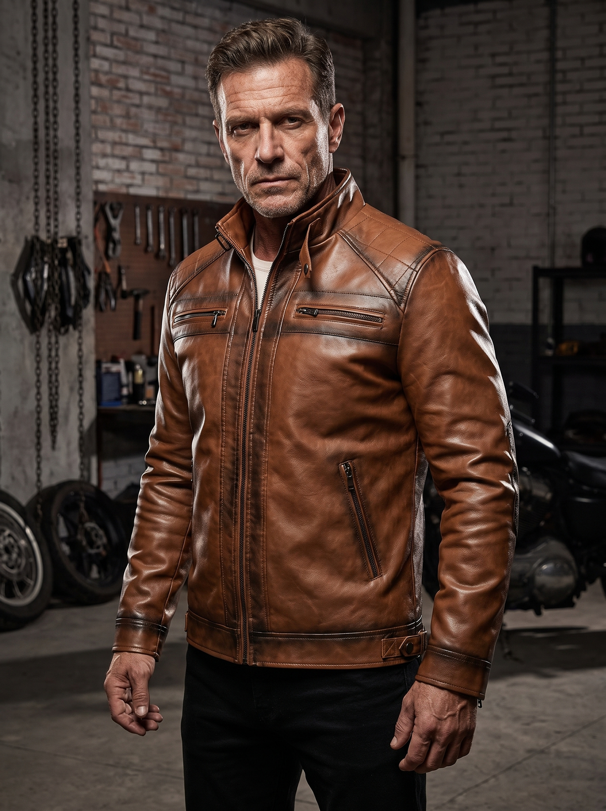 Brown Leather Jacket Belted Fit (Men)