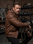 Brown Leather Jacket Detachable Hood (Men)
