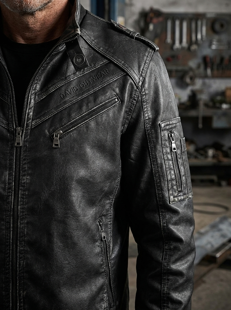 Black Leather Jacket Embroidered Detail (Men)