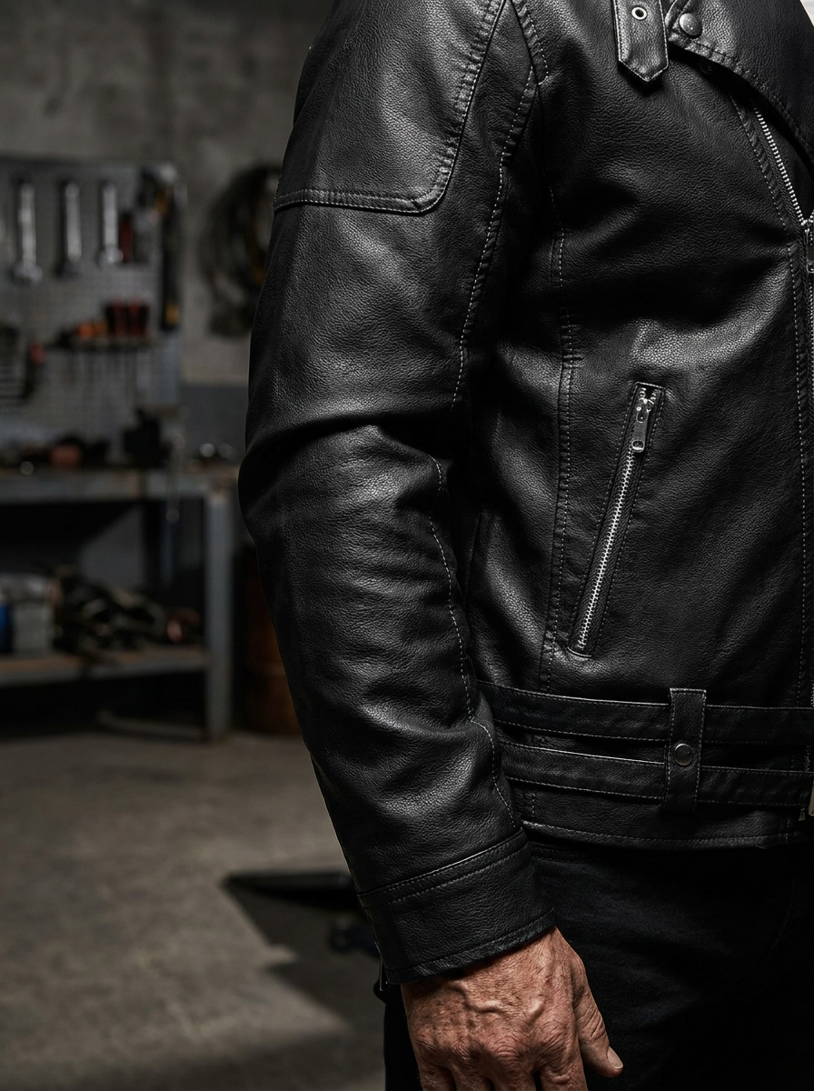 Black Leather Biker Jacket Slim Cut (Men)