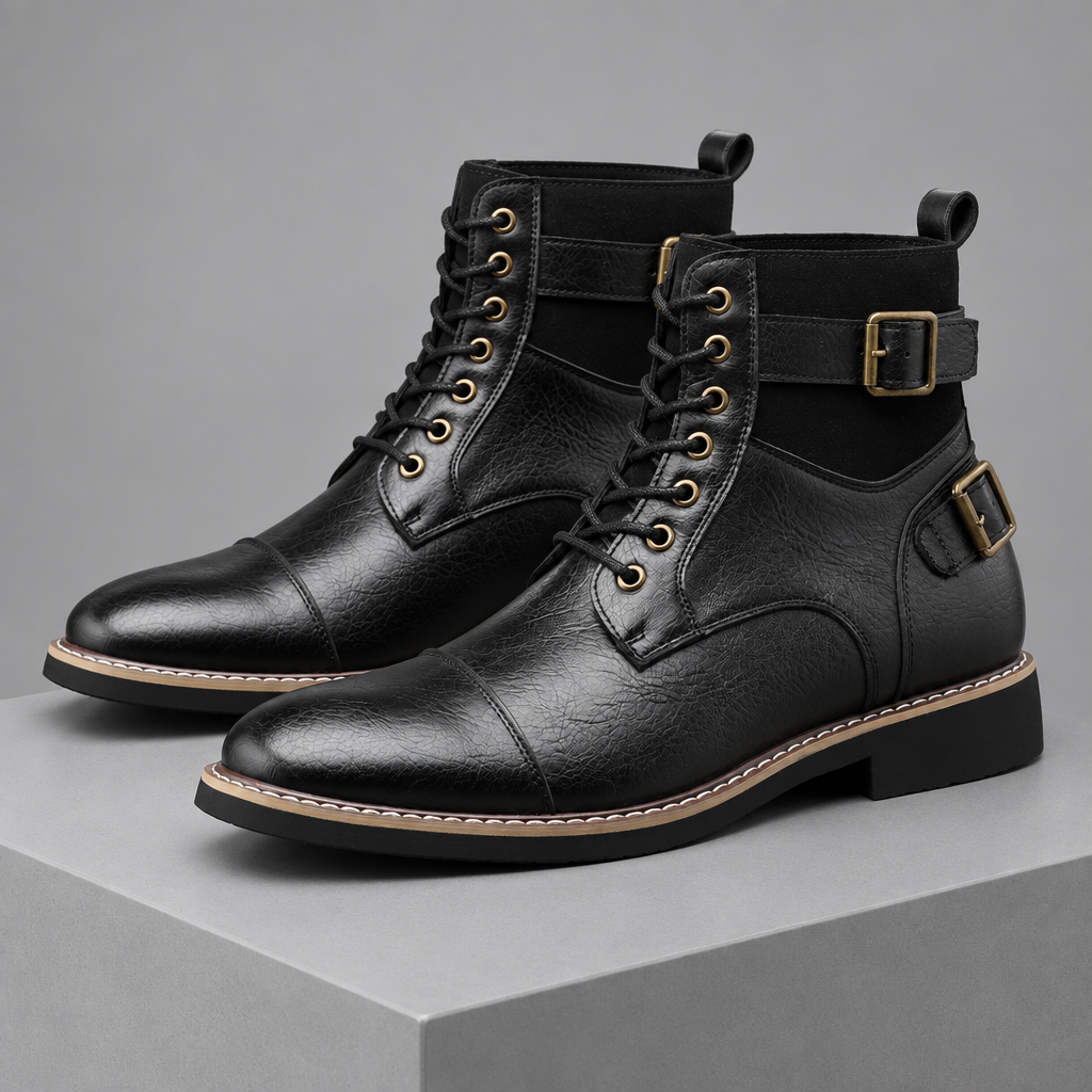 Men's Leather Buckle Combat Boots
