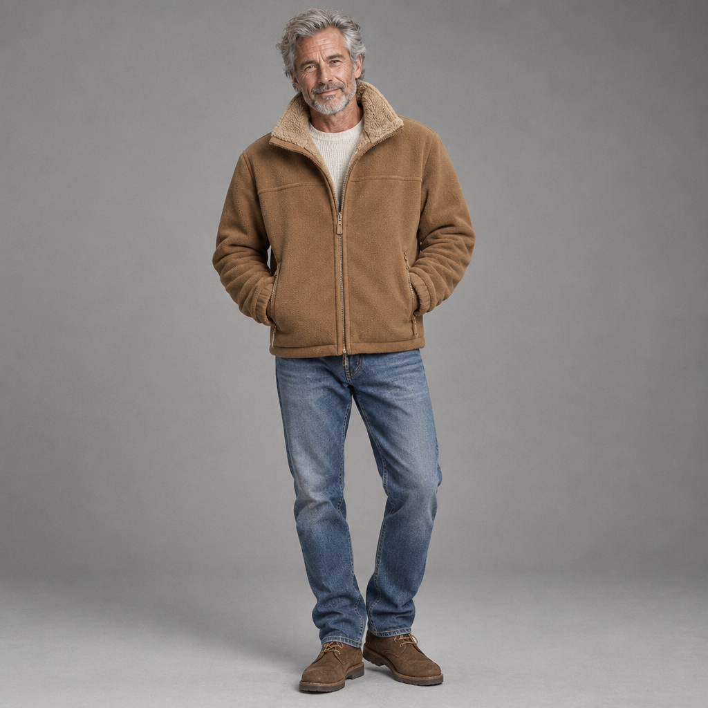 Men's sherpa-lined fleece jacket, full-body standing shot, gray studio background
