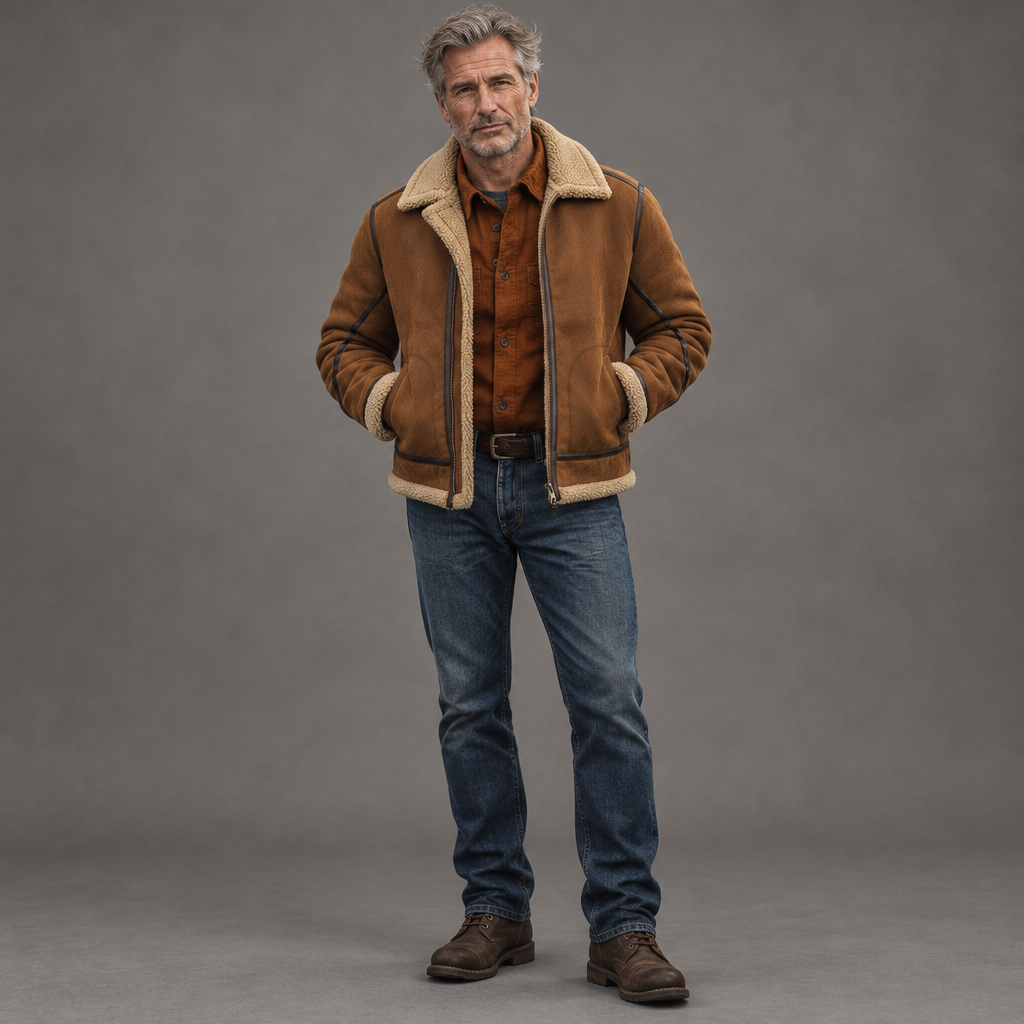 Men's sherpa-lined suede bomber jacket, full-body standing shot, gray studio background