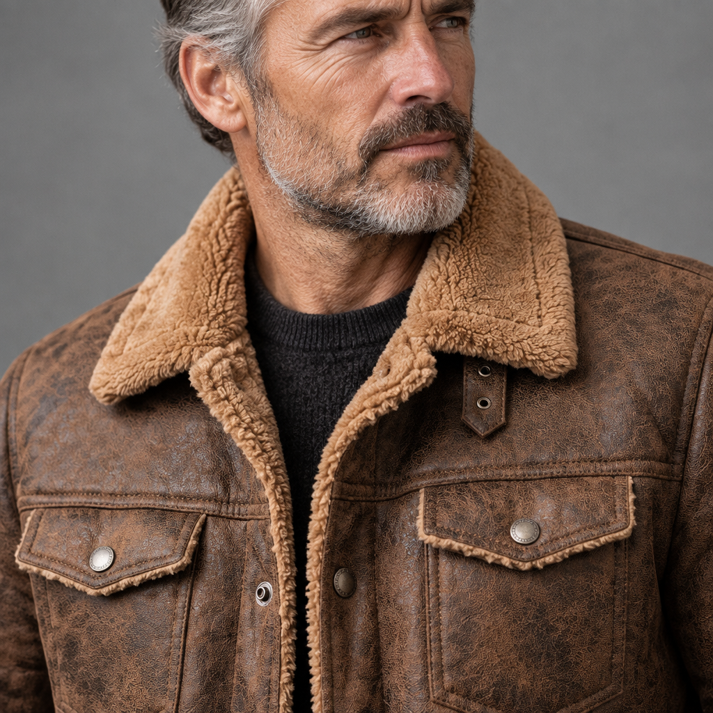 Men's vegan suede sherpa-lined jacket, close-up of suede and sherpa texture, gray studio background