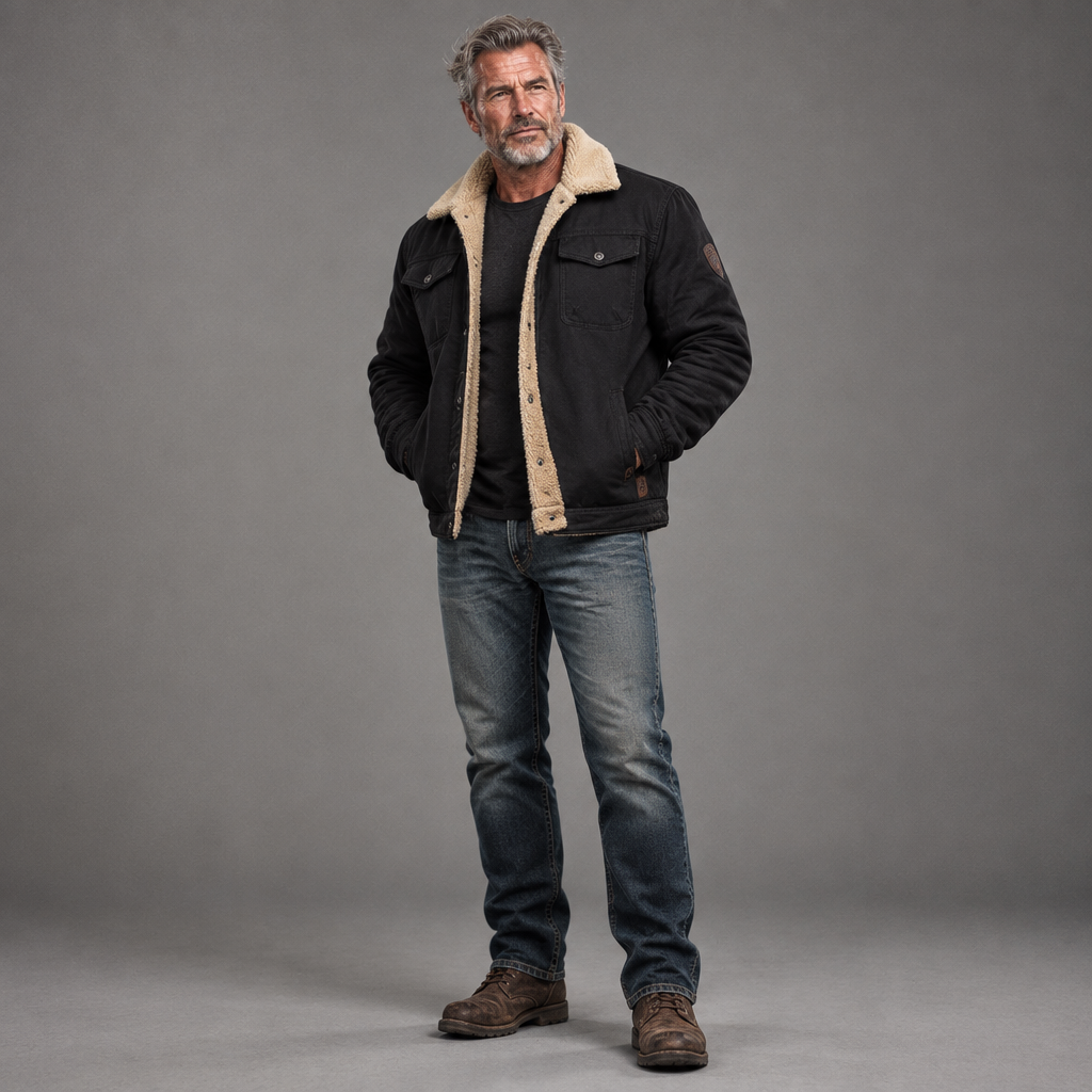 Men's sherpa-lined trucker jacket, full-body standing shot, gray studio background