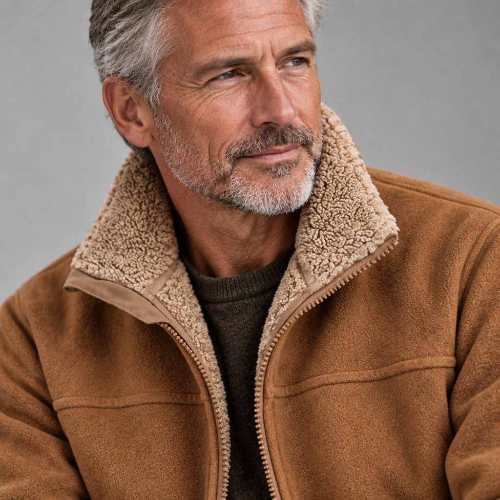 Men's sherpa-lined fleece jacket, close-up of fleece and sherpa texture, gray studio background