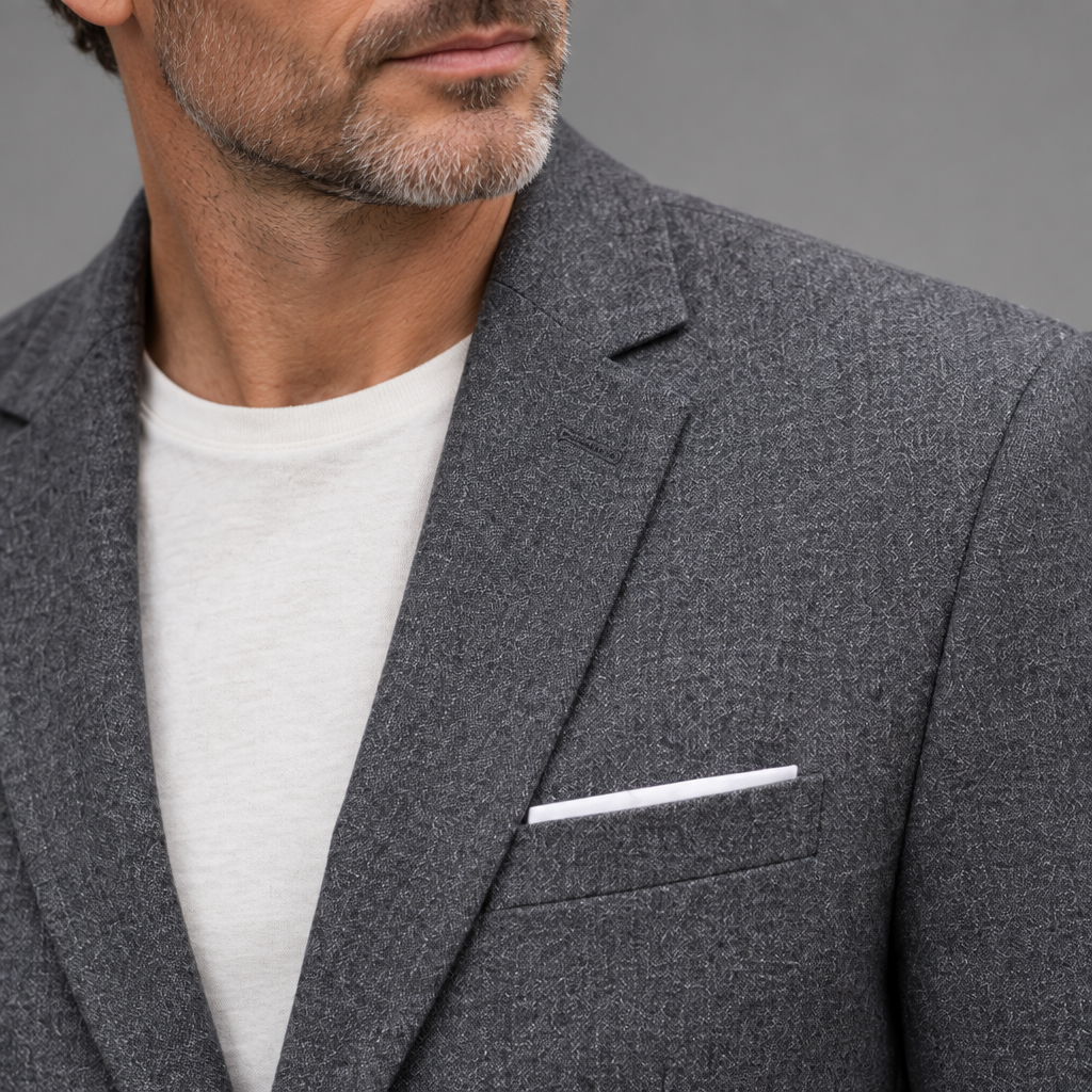 Men's cotton blend blazer, close-up of notched lapel detail